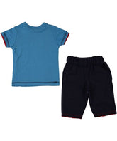 Compleu vara baieti, tricou si pantaloni scurti, Favo, bumbac, albastru